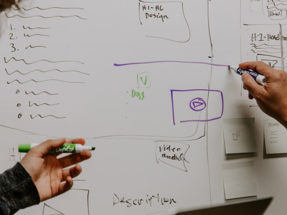 Two colleagues mapping out a plan at a whiteboard